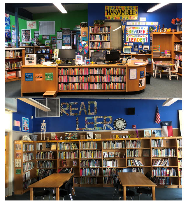Ortega Elementary library desk, tables, and books.